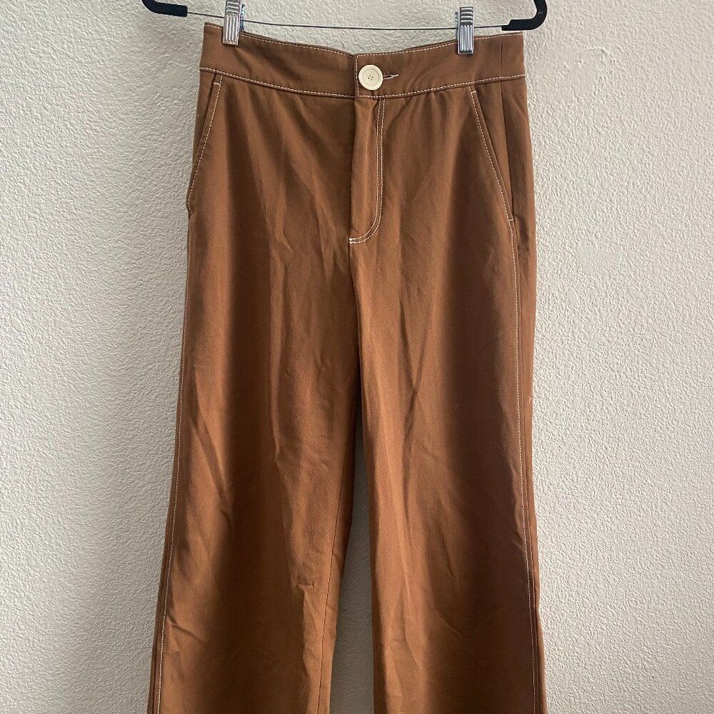 Zara Wide-Leg Cropped Trousers Culottes in Caramel Pants Contrast Stitching XS